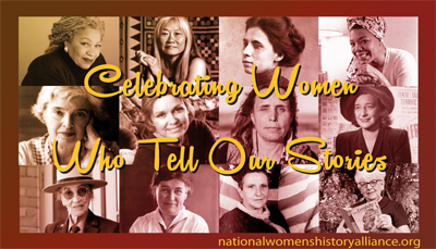 The 2023 National Women’s History Theme is Celebrating Women Who Tell Our Stories.  This logo was created bt the National Women’s History Alliance.  The women shown are Top: Toni Morrison, Maxine Hong Kingston, Jovita Idar, Maya Angelou